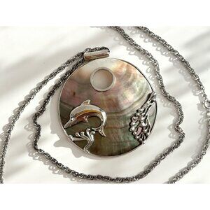 Natural Seashell Dolphin Sterling Silver Vintage 925 Gemstone Necklace - 29"